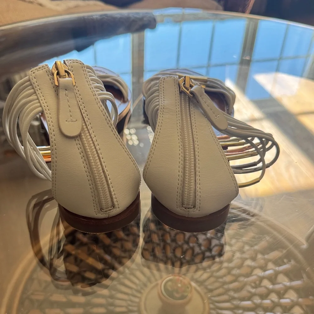 Tory Burch White Leather Ankle-Wrap Flat Sandals with Gold & Silver Accents - Picture 3 of 6